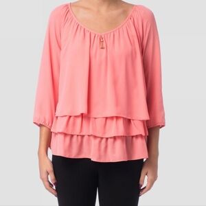 Joseph Ribkoff Tiered Flowy Layered Blouse Plus Size 22 Coral 3 Quarter Sleeves